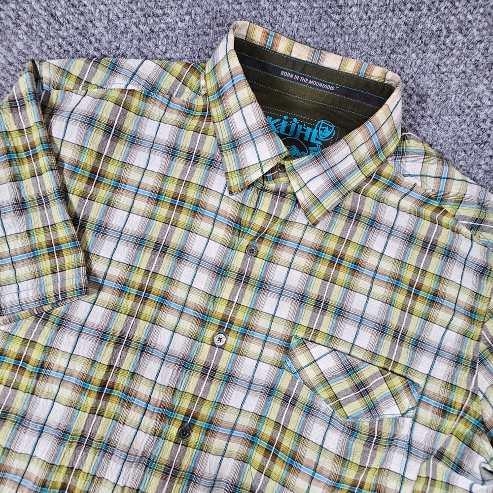 Kuhl Shirt Mens Large Green Plaid Short Sleeve Seersucker Short Sleeve Hiking